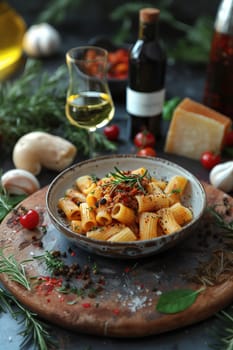 A cozy table scene featuring rigatoni pasta with Bolognese sauce, wine, fresh herbs, and parmesan, styled beautifully on a dark wooden surface.