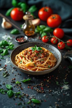 A close-up of spaghetti pasta topped with Bolognese sauce and fresh basil, surrounded by cooking spices, garlic, and fresh tomatoes.