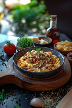 A steaming bowl of tagliatelle pasta topped with hearty Bolognese sauce and a sprig of fresh basil, surrounded by tomatoes, herbs, and cooking spices on a dark, rustic surface.