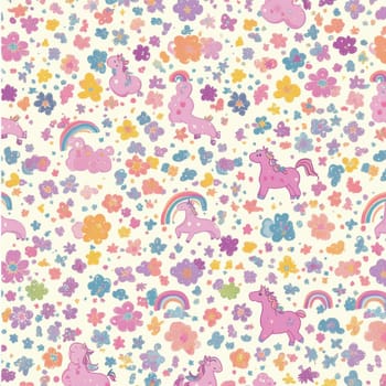 A vibrant pattern featuring unicorns and flowers creates a whimsical fantasy world perfect for any cheerful project.