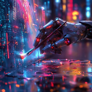 A robot artist creates vibrant digital art in a futuristic urban setting showcasing technology and creativity in harmony.