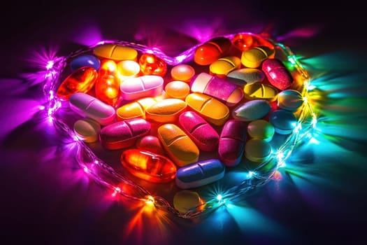 A vibrant heart-shaped arrangement of colorful pills and capsules surrounded by glowing LED lights, symbolizing love for health and well-being.
