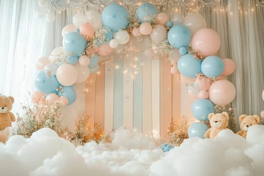 A charming baby shower setup featuring pastel balloons and teddy bears creating a warm and welcoming atmosphere.