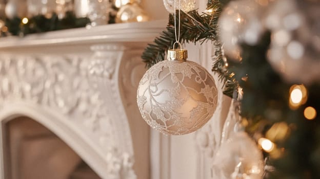 Christmas, holiday decor and country cottage style, cosy atmosphere, decorated Christmas tree in the English countryside house living room with fireplace, interior decoration idea