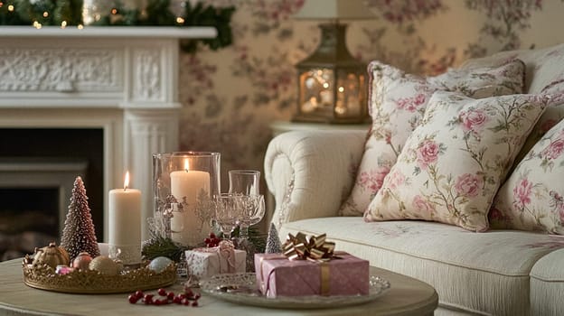 Christmas, holiday decor and country cottage style, cosy atmosphere, decorated Christmas tree in the English countryside house living room with fireplace, interior decoration idea