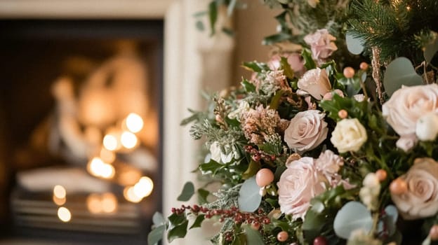 Christmas, holiday decor and country cottage style, cosy atmosphere, decorated Christmas tree in the English countryside house living room with fireplace, interior decoration idea