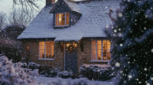 Christmas in the countryside, cottage decorated for holidays on a snowy winter evening with snow and holiday lights, English country styling inspiration