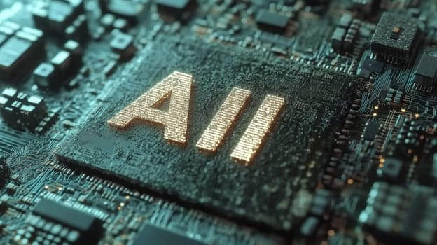 Gold artificial intelligence chip is attached to a circuit board with glowing connections, representing the advancement of ai technology
