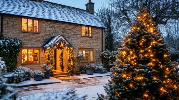 Christmas in the countryside, cottage decorated for holidays on a snowy winter evening with snow and holiday lights, English country styling inspiration