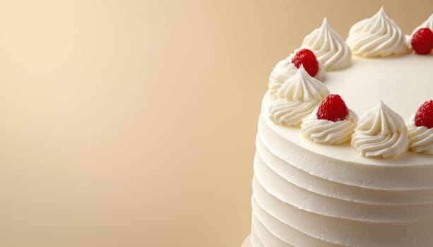 A minimalist birthday cake with simple decorations, featuring cream frosting and fresh raspberries, evokes sense of celebration and joy