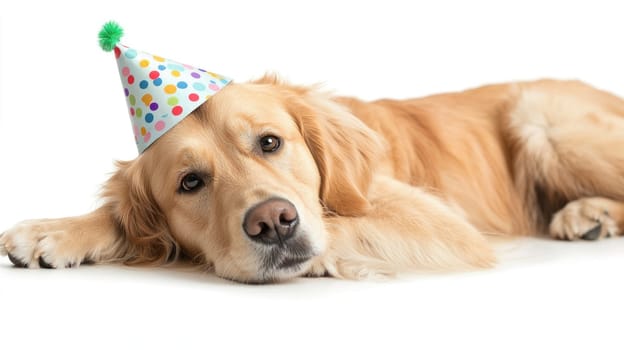 A golden retriever wearing colorful birthday hat looks adorable and relaxed. This playful scene captures joy of celebrating special day