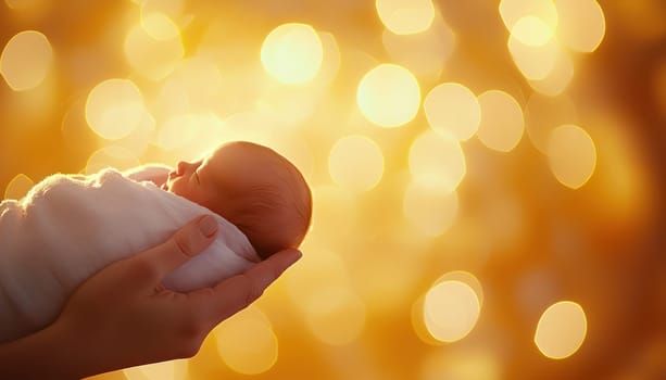 A newborn baby peacefully cradled in hands, surrounded by warm golden lights, evokes joy and love