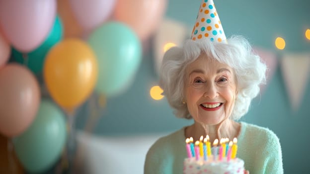 A Cheerful older woman celebrating birthday with cake and candles, surrounded by colorful balloons and festive decorations