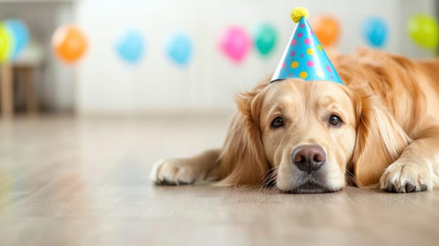 A golden retriever wearing birthday hat looks adorable in festive setting. colorful balloons in background add to cheerful atmosphere