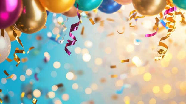 A Colorful balloons and festive confetti create joyful atmosphere for celebration. Perfect for New Year Eve or party decorations