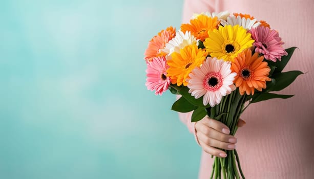 A person holding bouquet of colorful birthday flowers, showcasing vibrant gerbera daisies in various shades