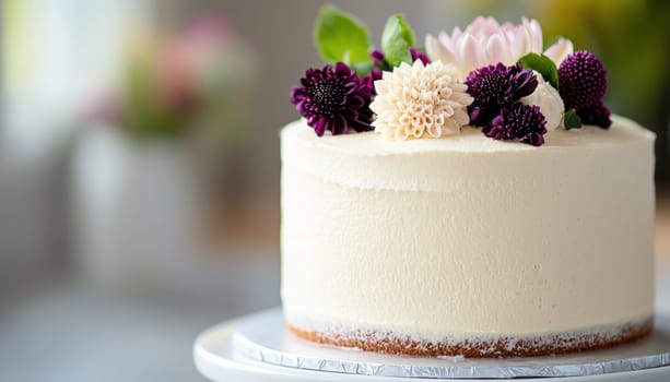 A minimalist birthday cake adorned with simple floral decorations, showcasing elegance and charm. Perfect for celebrations