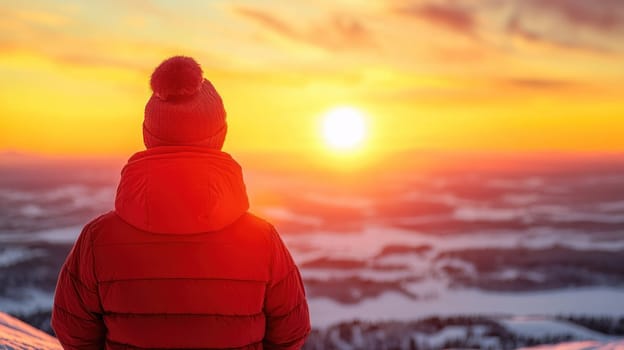 A person in red jacket gazes at stunning sunset over snowy mountains, feeling hopeful and optimistic