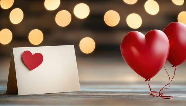 A birthday card with heartfelt message, accompanied by red heart balloons, creates warm and festive atmosphere