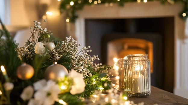 Christmas, holiday decor and country cottage style, cosy atmosphere, decorated Christmas tree in the English countryside house living room with fireplace, interior decoration idea