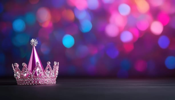 A sparkling birthday crown resting on table, surrounded by colorful bokeh lights, creates festive atmosphere