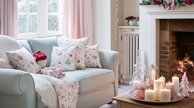 Christmas, holiday decor and country cottage style, cosy atmosphere, decorated Christmas tree in the English countryside house living room with fireplace, interior decoration idea