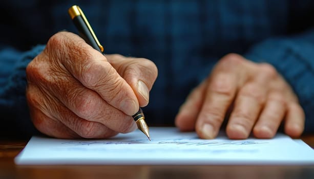 A Close up of hands writing on paper with fountain pen, capturing moment of focus and creativity