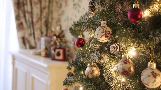 Christmas, holiday decor and country cottage style, cosy atmosphere, decorated Christmas tree in the English countryside house living room with fireplace, interior decoration idea