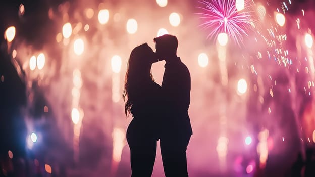 A couple kissing at midnight with vibrant fireworks in background, creating romantic atmosphere