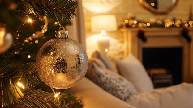 Christmas, holiday decor and country cottage style, cosy atmosphere, decorated Christmas tree in the English countryside house living room with fireplace, interior decoration idea