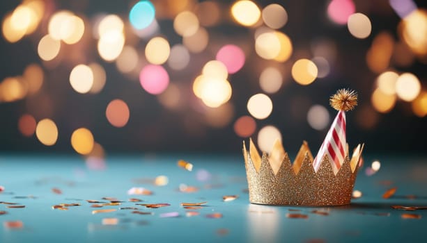 A sparkling birthday crown resting on table, surrounded by colorful confetti and soft bokeh lights, creates festive atmosphere