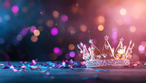 A sparkling birthday crown resting on table, surrounded by colorful confetti and soft bokeh lights, creates festive atmosphere