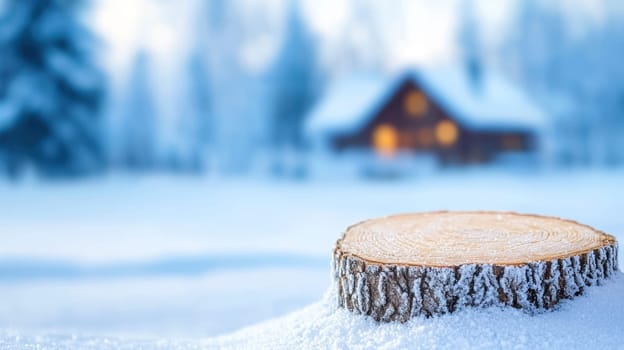 A cozy cabin in snowy landscape with wooden log in foreground evokes serene winter atmosphere