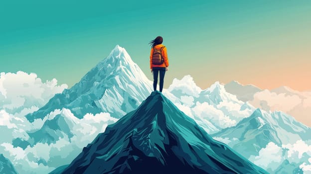 A determined woman stands atop mountain peak, gazing at vast landscape. scene captures essence of adventure and achievement