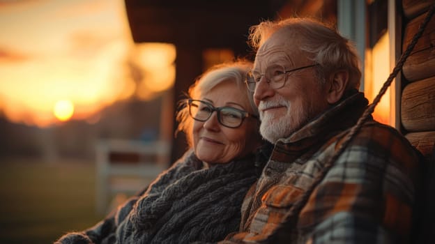 A happy senior couple enjoys sunset together, reflecting on their retirement plans. Their warm smiles and cozy attire create joyful atmosphere