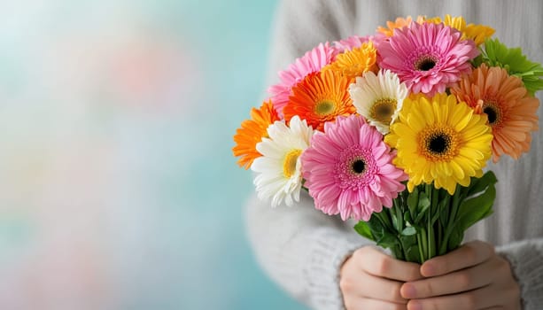 A person holding bouquet of colorful birthday flowers, expressing joy and celebration