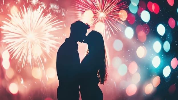 A couple kissing at midnight with fireworks in background, creating romantic atmosphere