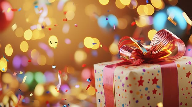 A festive close up of beautifully wrapped gift box with colorful confetti and bokeh lights, perfect for celebrations