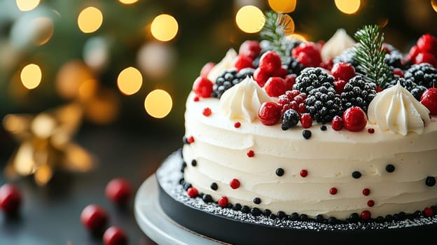 A beautifully decorated New Year cake topped with berries and cream, perfect for celebrations