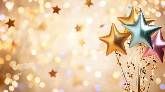A Bright and colorful star shaped balloons create festive atmosphere for celebrations. Perfect for New Year Eve or party decorations
