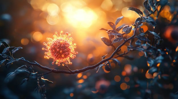 A vibrant visualization of virus on branch, illuminated by warm sunlight, evokes sense of nature complexity and beauty