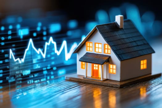 A miniature house model on wooden surface with glowing windows, symbolizing real estate investment trends