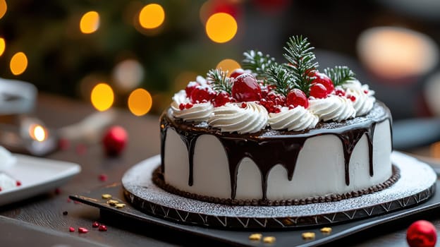A festive New Year cake decorated with chocolate, berries, and cream, perfect for celebrations