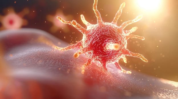 A detailed visualization of immune cell interacting with surface, showcasing vibrant colors and textures. image evokes sense of scientific