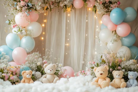 A charming baby shower setup featuring teddy bears balloons and floral decorations creating a joyful and cozy atmosphere.