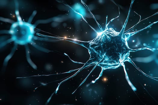 An Immune cells illuminated in electric blue, showcasing intricate details and dynamic structures