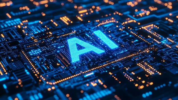 Digital representation of AI on a circuit board with glowing elements.