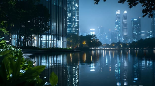 Nighttime cityscape with reflections in a tranquil water body.