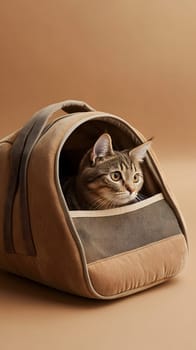 A cat peeking out from a stylish pet carrier.