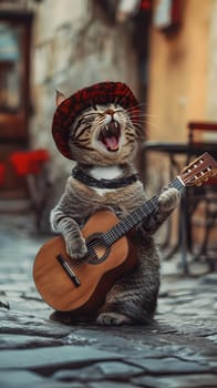 A cat wearing a hat plays guitar joyfully on a cobblestone street.